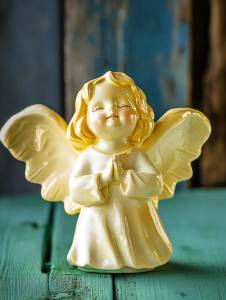 ceramic yellow angel on the green wooden table --s 0