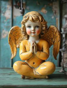 ceramic yellow angel on the green wooden table --s 1000