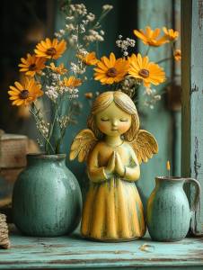 ceramic yellow angel on the green wooden table --s 500