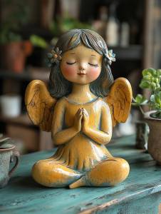 ceramic yellow angel on the green wooden table --s 1000