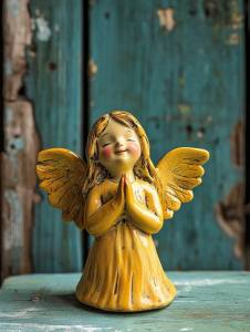 ceramic yellow angel on the green wooden table (default value --s 100)