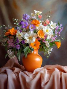  flower bouquet on the table in ceramic orange vase